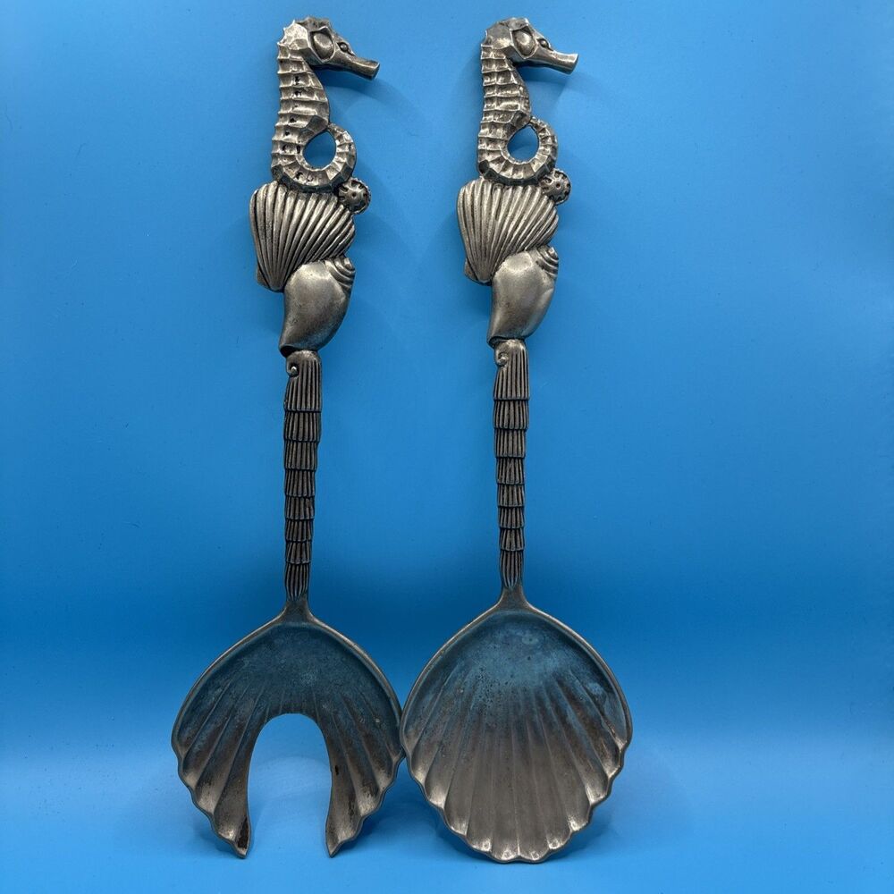 Vintage Godinger Silver Plated Pair Seahorse Salad Servers 11”